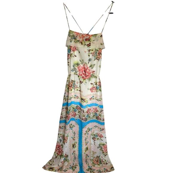 Farm Rio Beige Floral Maxi Dress Spaghetti Straps Racerback Cream Pink Size XS - Picture 2 of 14